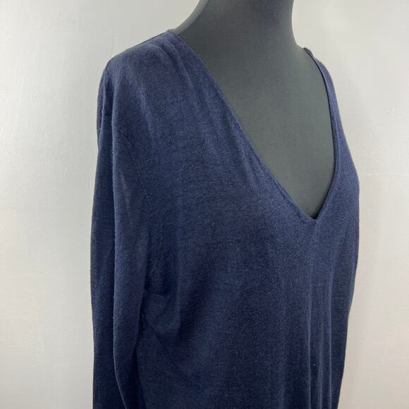 THEORY Dark Navy Blue Nautical Sag Harbor Linen Sweater V-Neck Lightweight M - Picture 4 of 8